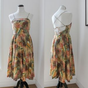 Vintage 1980s Tropical Print Dress with Cross Back by Jennifer / Palm Leaf Print